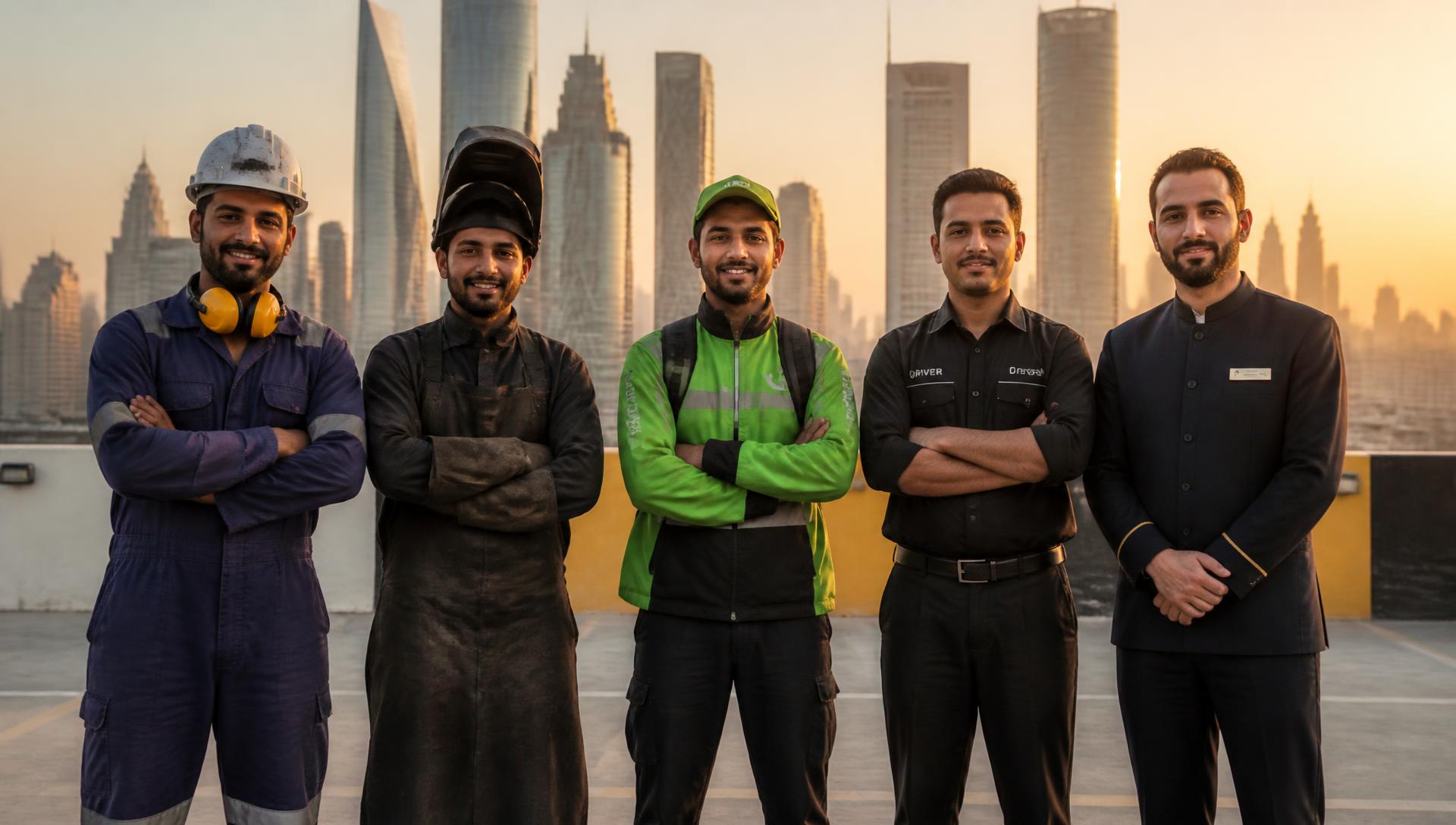 Skilled overseas workers — construction, welding, delivery, driving and hospitality — before a Gulf city skyline at sunset